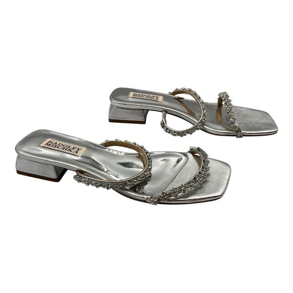 Badgley Mischka Rhinestone Embellished Slip On Low Block Heel Sandals Silver 6 - Picture 6 of 9